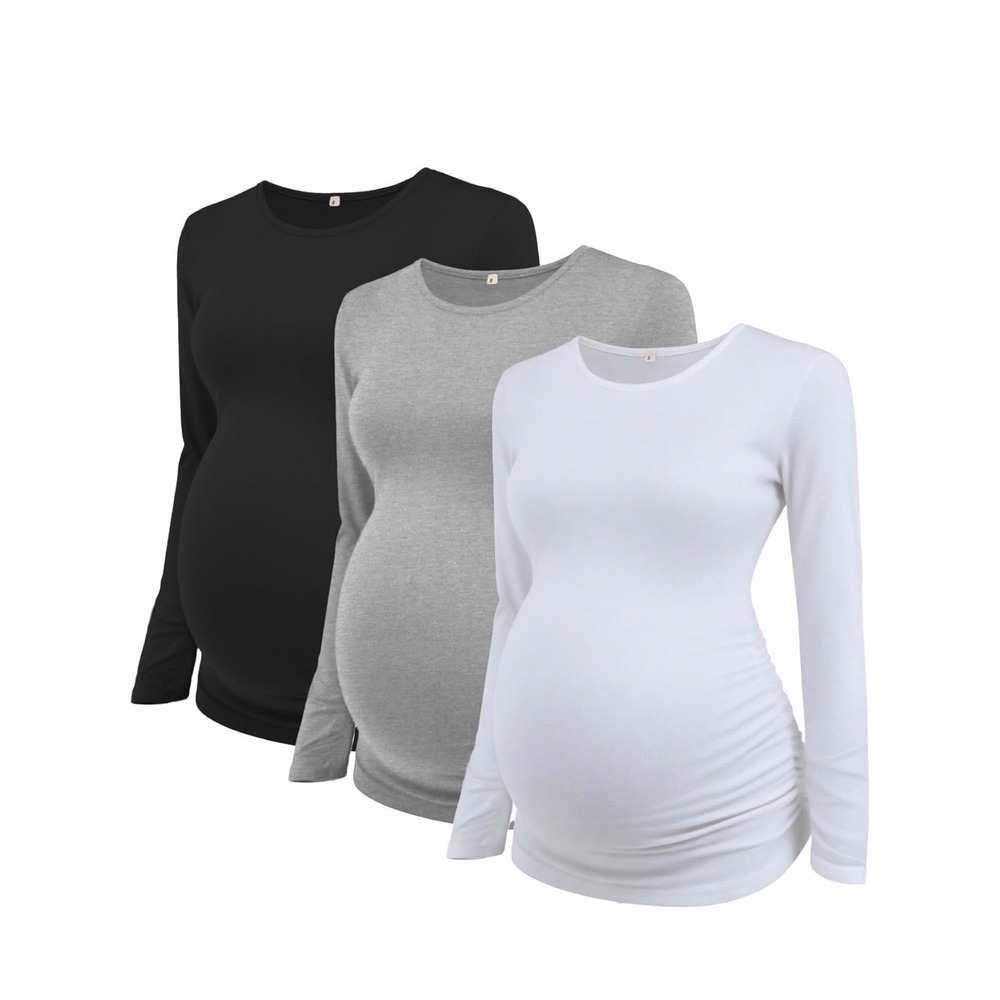 Ecavus Womens Maternity Long Sleeve Ruched T-Shirt 3 PK Black Grey White SZ Med